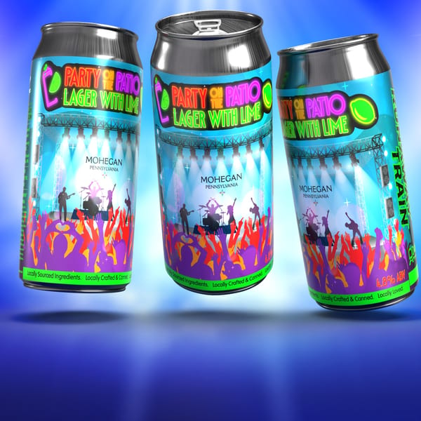 Three Runaway Train Brewery Party on the Patio Lager with Lime cans float against a blue background.