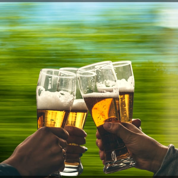 Four hands holding up glasses of Runaway Train Brewery beer in a toast against a blurred green background.