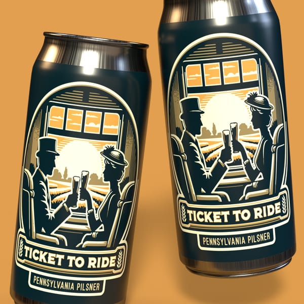 Two Runaway Train Brewery beer cans with a vintage train car design featuring a couple toasting.