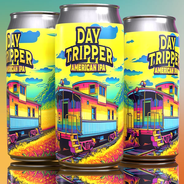 Three "Day Tripper American IPA" beer cans with colorful train car and landscape art.