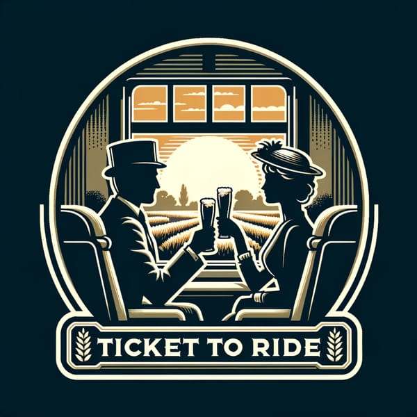 Stylized illustration of a couple toasting beers on a train, with a field and sunset outside.