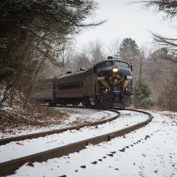 A black train with a wreath on its front travels on snow-covered tracks through a winter forest.