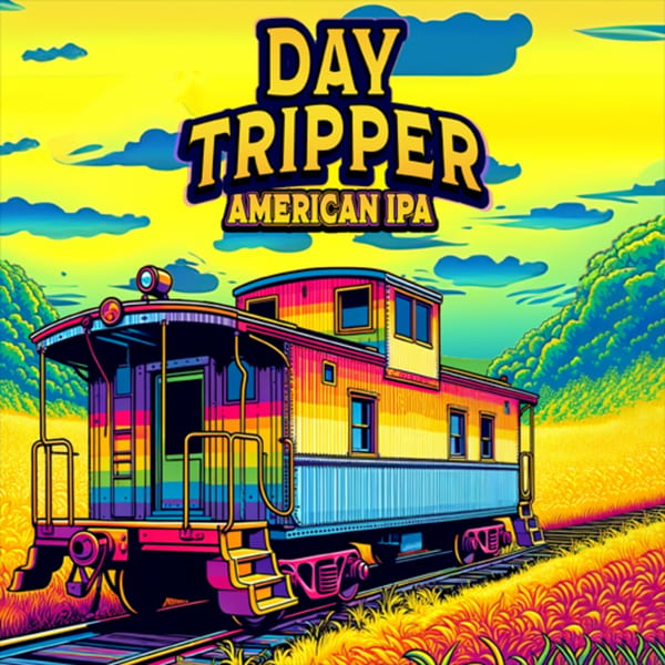 Psychedelic art of a rainbow-colored train car on tracks, with "DAY TRIPPER AMERICAN IPA" text above.