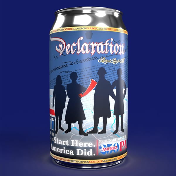 A Runaway Train Brewery beer can with a Declaration of Independence theme and silhouettes of historical figures.