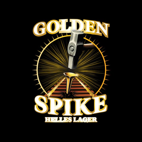 Golden Spike Helles Lager logo with a hammer striking a golden spike on railroad tracks.