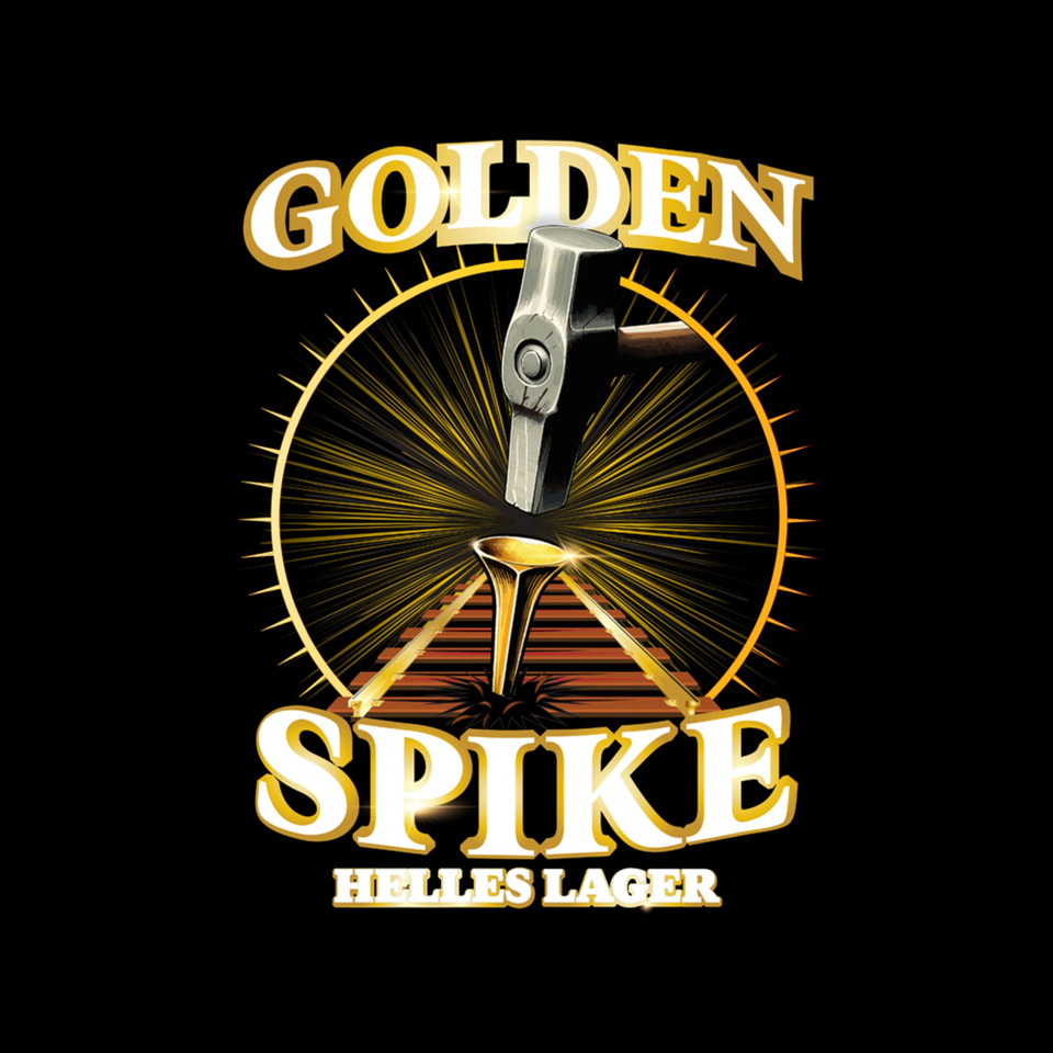 Golden Spike Helles Lager logo with a hammer striking a golden spike on railroad tracks.