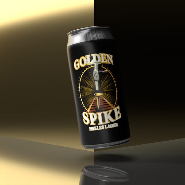 A black can of Runaway Train Brewery's Golden Spike Helles Lager floats against a gold and black background.