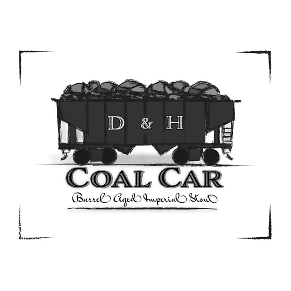 A black and white drawing of a coal car with "D & H" on its side, and "Coal Car Barrel Aged Imperial Stout" below it.