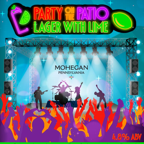 Concert scene with a band on stage, crowd cheering, and neon sign "Party on the Patio Lager with Lime".