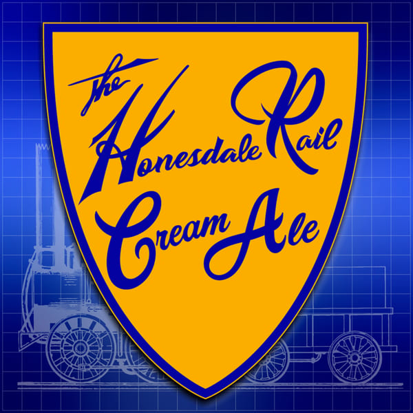 A yellow shield with blue text "The Honesdale Rail Cream Ale" over a blue grid and train blueprint.