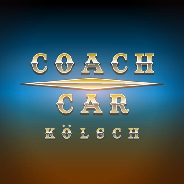 Runaway Train Brewery's "Coach Car Kölsch" beer label with gold lettering on a blue and brown background.