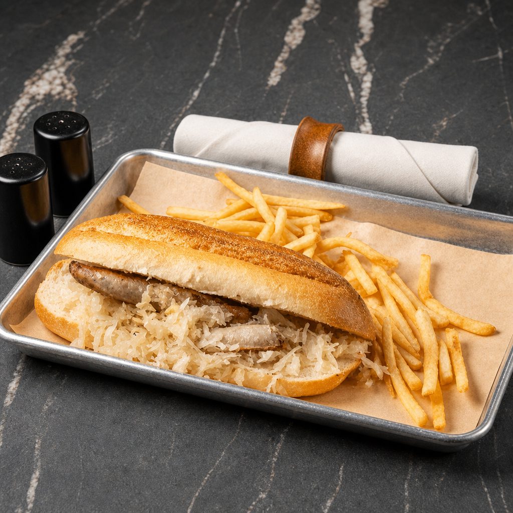 Alpine House Bratwurst Sandwich.